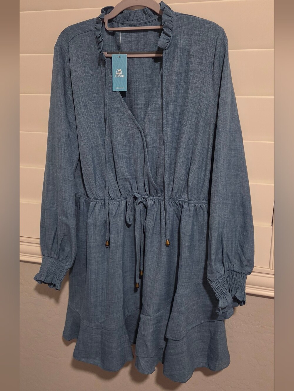 CupShe Blue Drawstring Waist Long Sleeve Dress